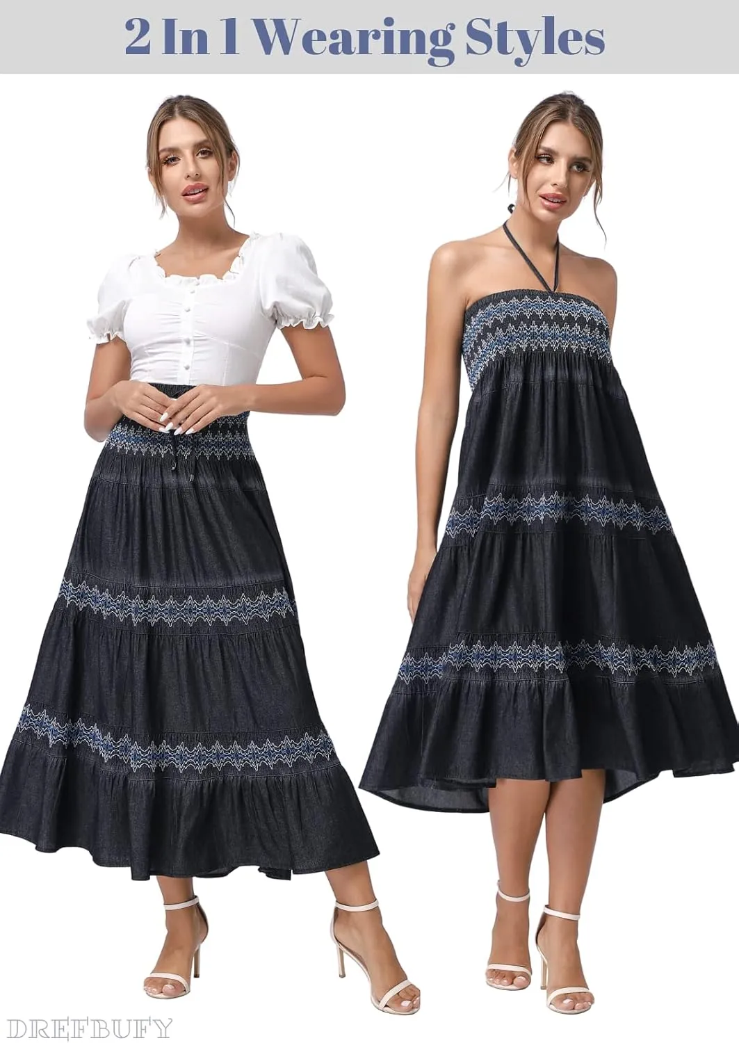 DREFBUFY Maxi Skirt Womens High Waist Pleated Tiered Long Skirts Denim Casual Style Midi Dress for Women
