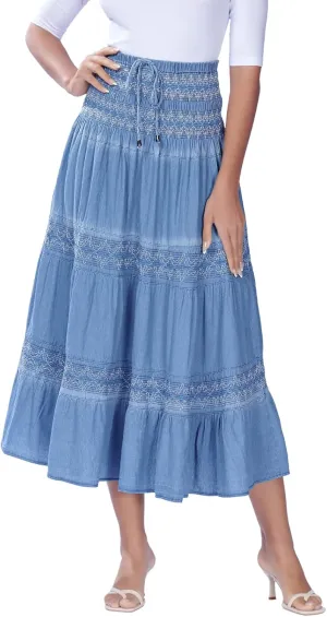 DREFBUFY Maxi Skirt Womens High Waist Pleated Tiered Long Skirts Denim Casual Style Midi Dress for Women