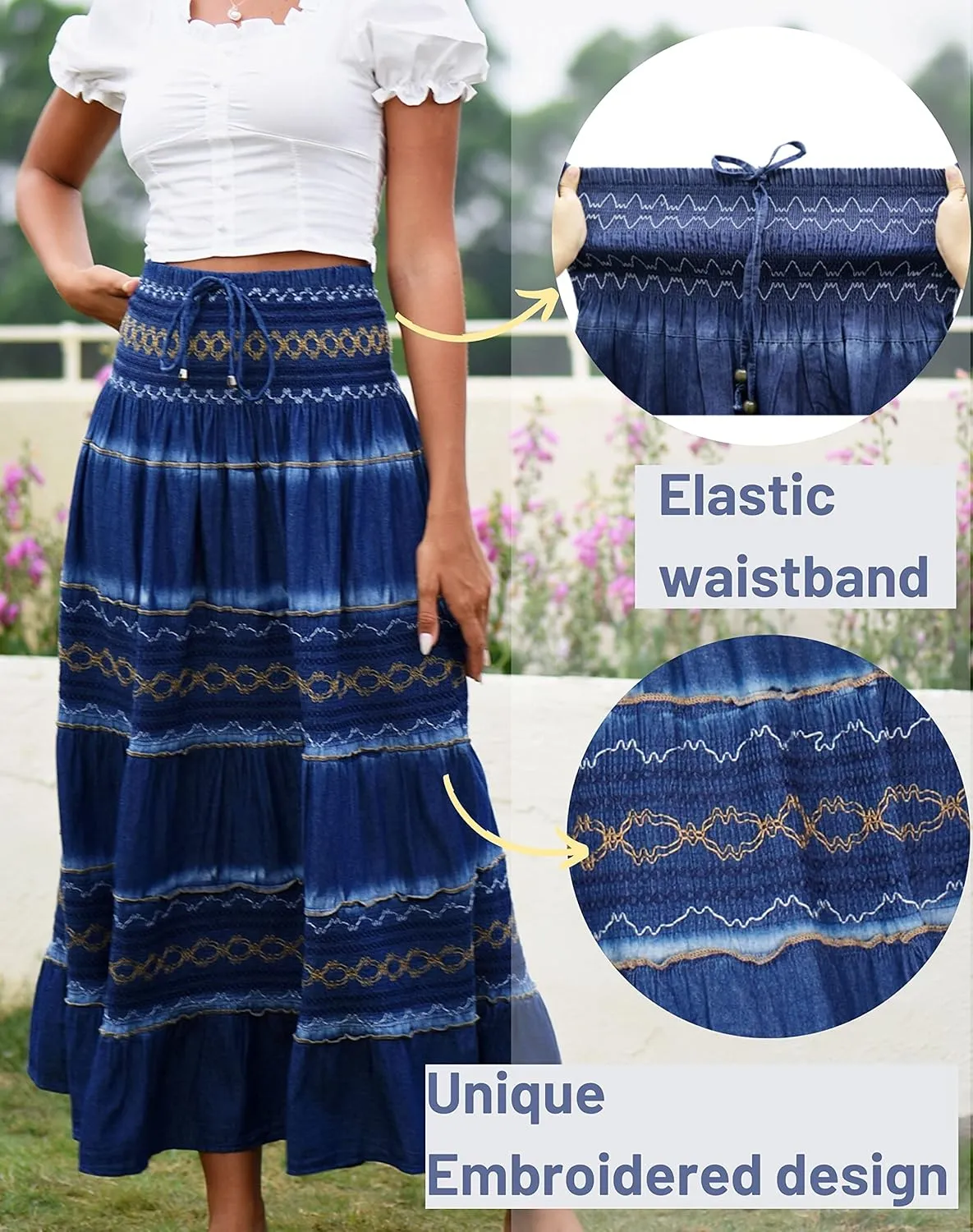 DREFBUFY Maxi Skirt Womens High Waist Pleated Tiered Long Skirts Denim Casual Style Midi Dress for Women