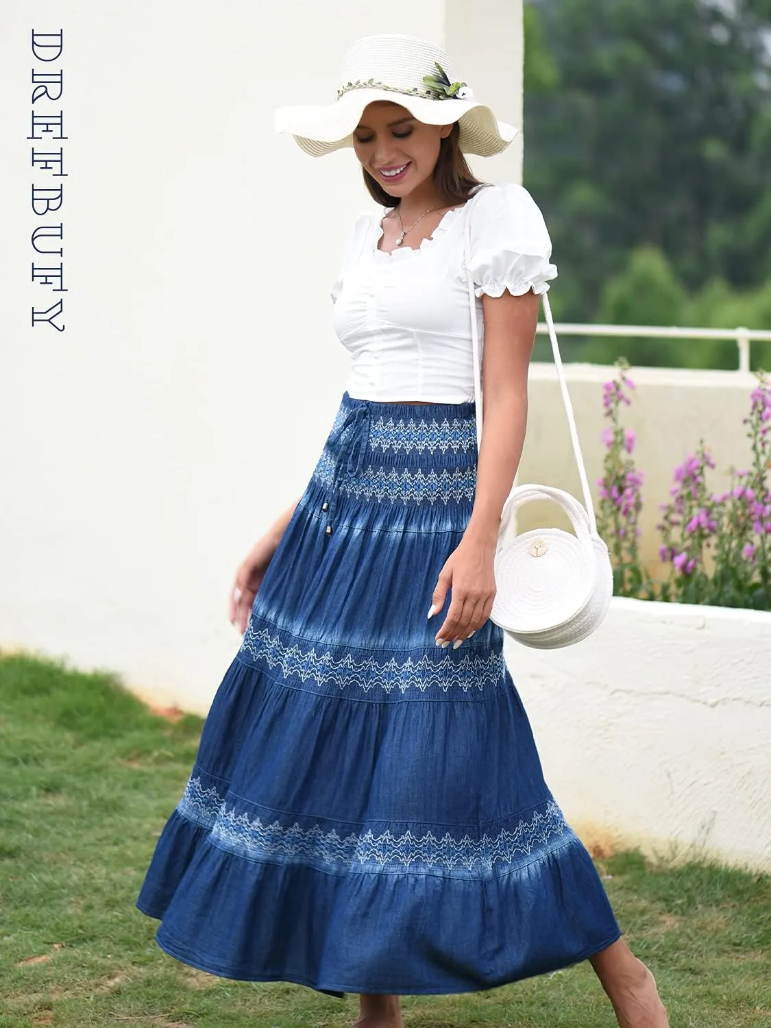 DREFBUFY Maxi Skirt Womens High Waist Pleated Tiered Long Skirts Denim Casual Style Midi Dress for Women