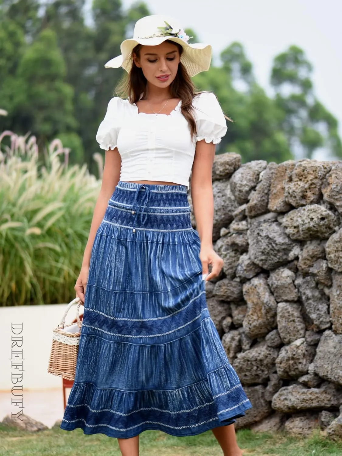 DREFBUFY Maxi Skirt Womens High Waist Pleated Tiered Long Skirts Denim Casual Style Midi Dress for Women