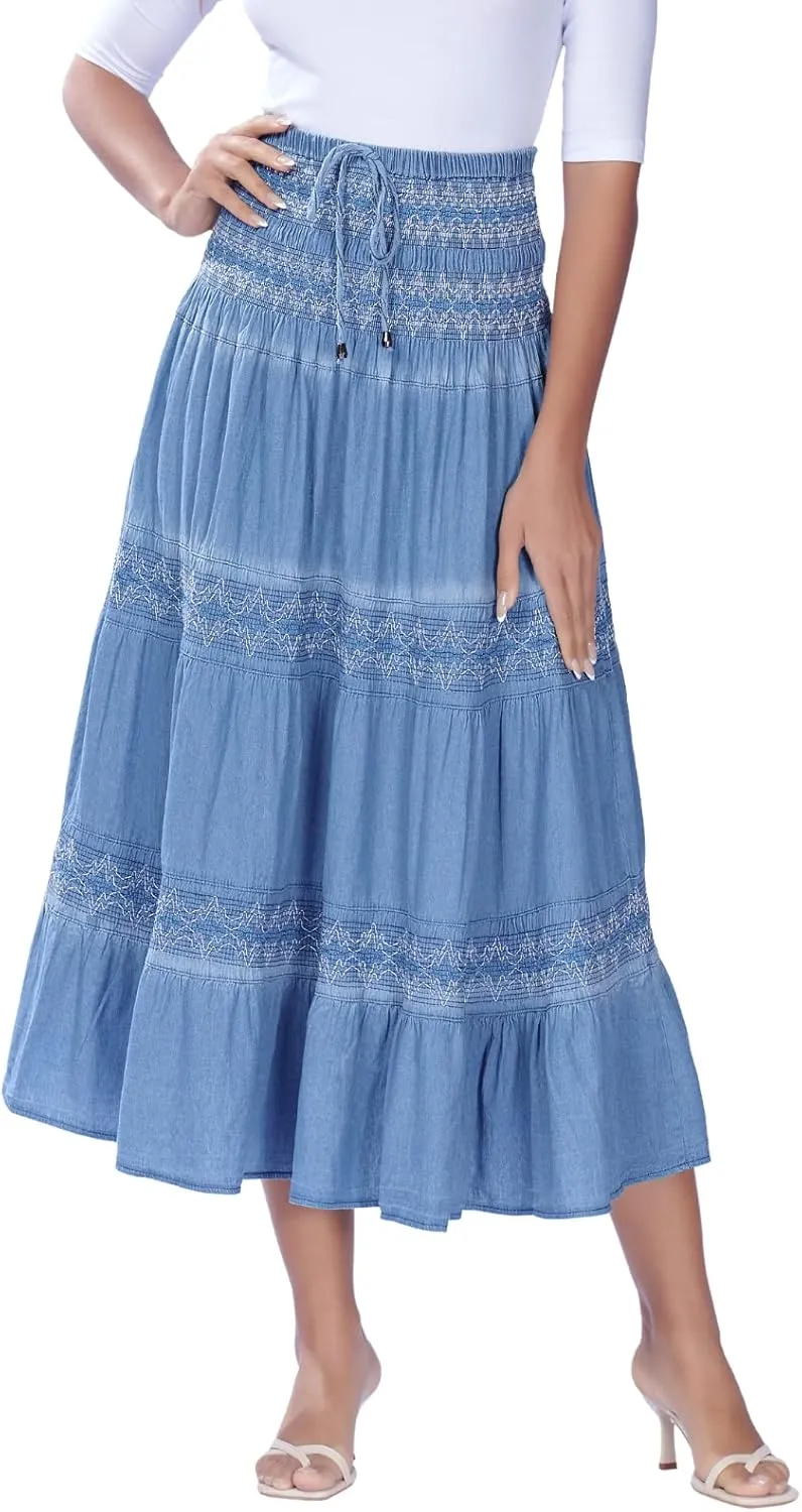 DREFBUFY Maxi Skirt Womens High Waist Pleated Tiered Long Skirts Denim Casual Style Midi Dress for Women