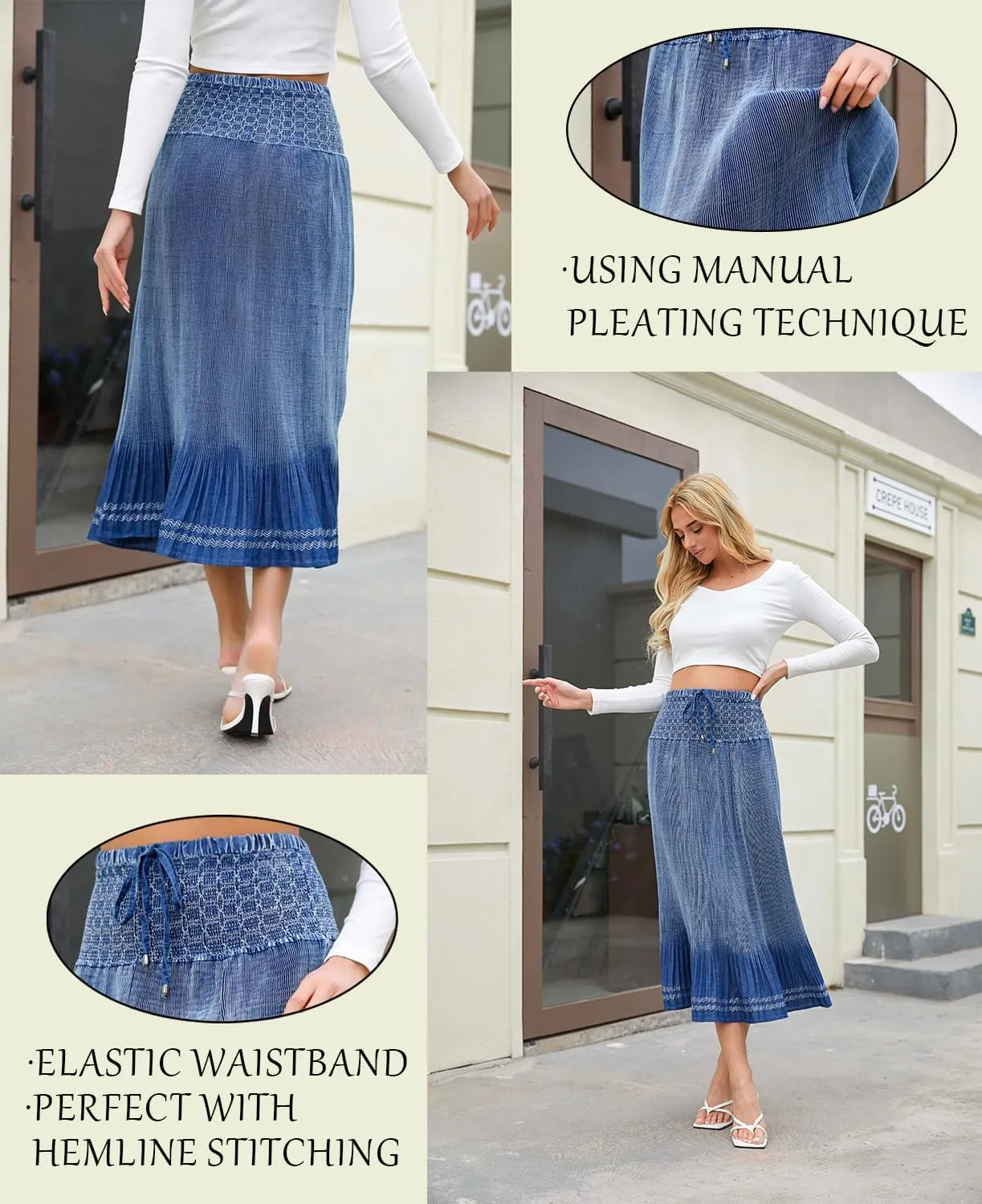 DREFBUFY Maxi Skirt Womens High Waist Pleated Tiered Long Skirts Denim Casual Style Midi Dress for Women