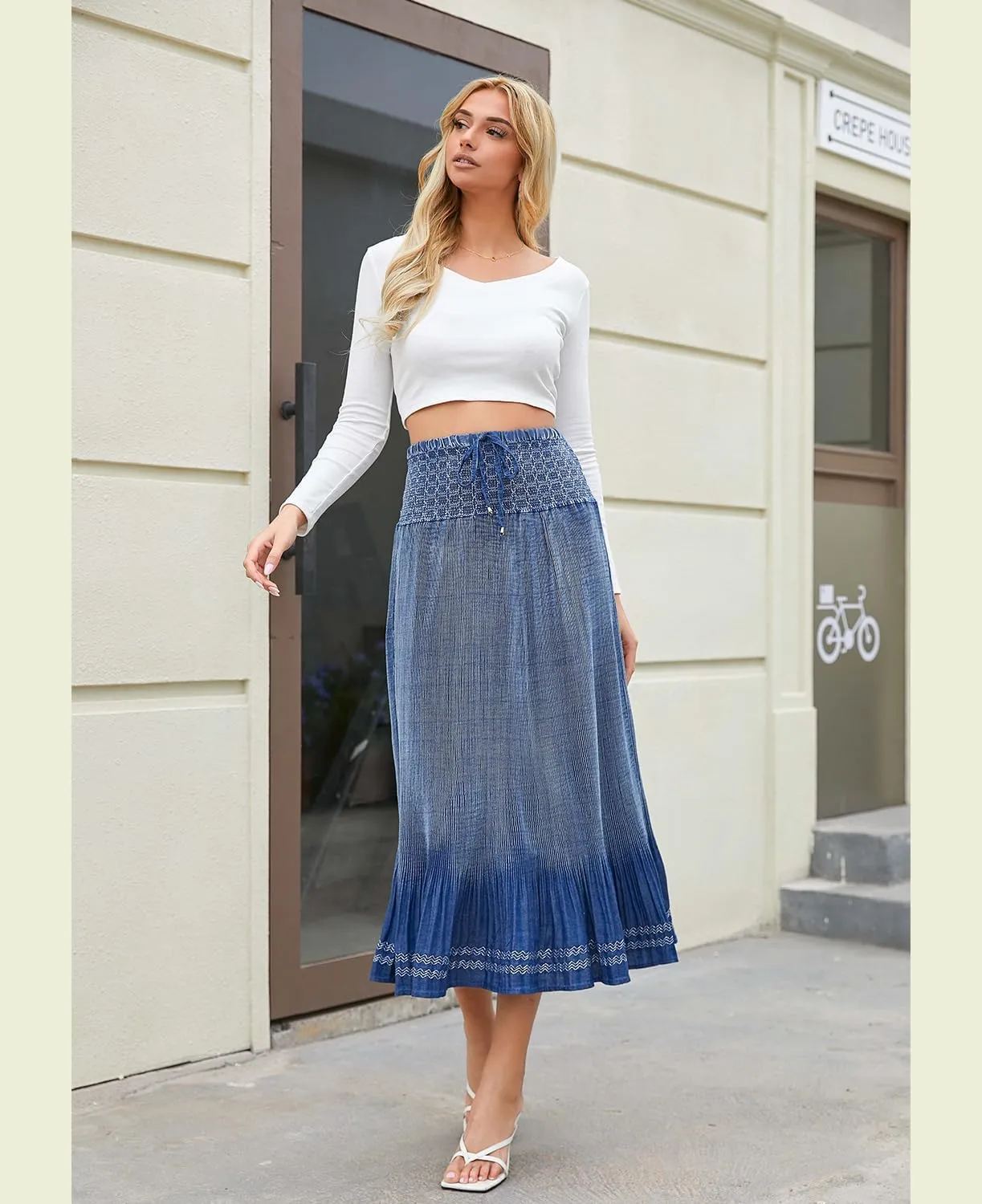DREFBUFY Maxi Skirt Womens High Waist Pleated Tiered Long Skirts Denim Casual Style Midi Dress for Women