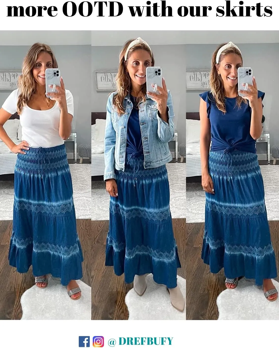 DREFBUFY Maxi Skirt Womens High Waist Pleated Tiered Long Skirts Denim Casual Style Midi Dress for Women