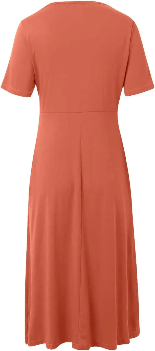 Dresses for Women 2024 Casual Summer Vacation Short Sleeve Tie Wrap V Neck Flowy Midi Dresses Beach Sundress with Pockets