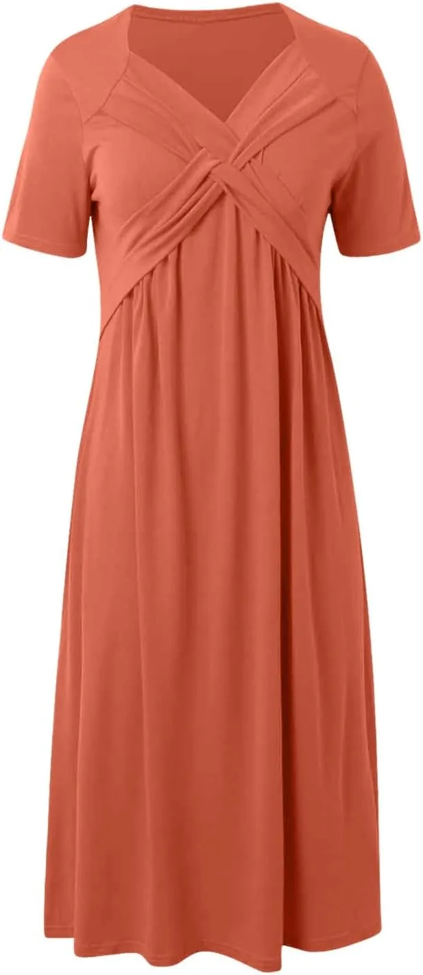 Dresses for Women 2024 Casual Summer Vacation Short Sleeve Tie Wrap V Neck Flowy Midi Dresses Beach Sundress with Pockets