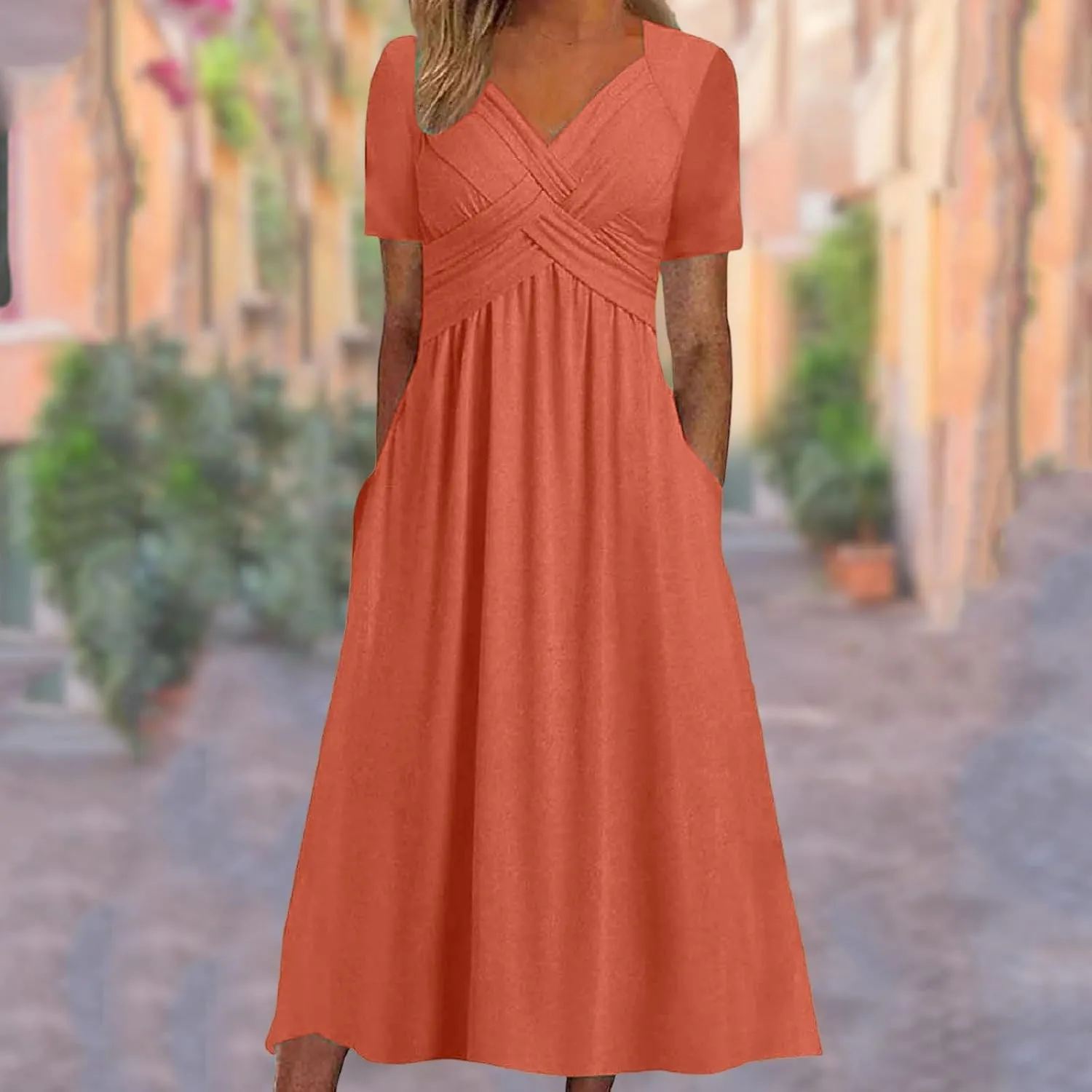 Dresses for Women 2024 Casual Summer Vacation Short Sleeve Tie Wrap V Neck Flowy Midi Dresses Beach Sundress with Pockets