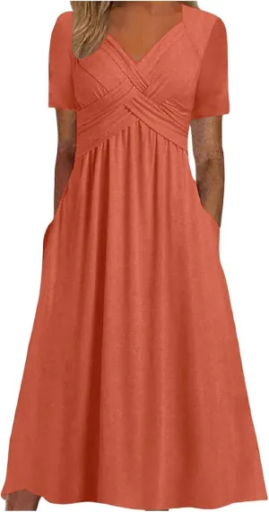 Dresses for Women 2024 Casual Summer Vacation Short Sleeve Tie Wrap V Neck Flowy Midi Dresses Beach Sundress with Pockets