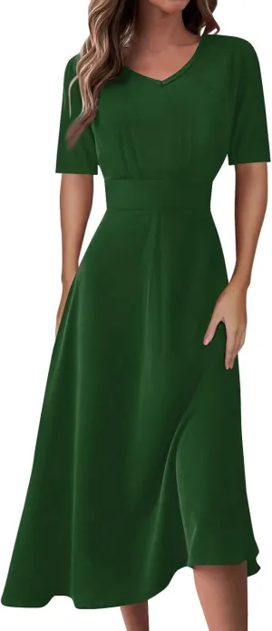 Dresses for Women 2024 Fashion Solid Color Dresses V-Neck Waist Long Swing Dress Summer Dresses for Women 2024 S-2XL