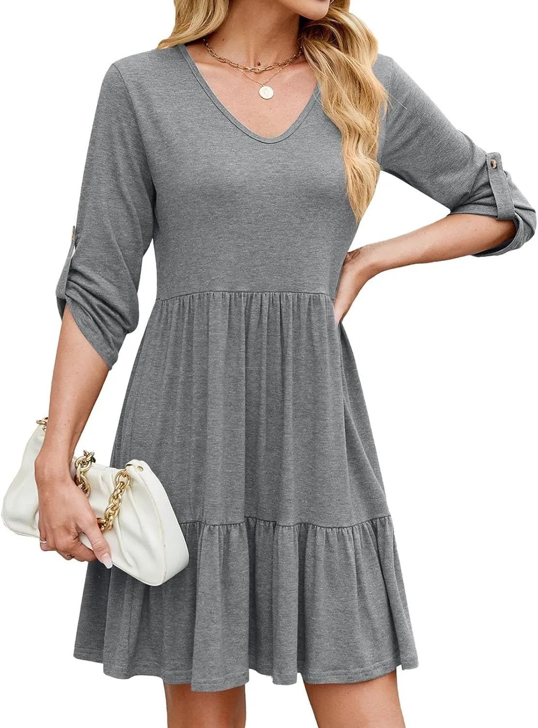 Dresses for Women 2025 Casual Spring Summer Roll Up 3/4 Sleeve V Neck Flowy Tiered Ruffle A Line Swing Mini Tunic Dress