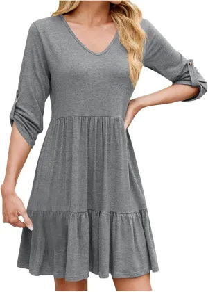 Dresses for Women 2025 Casual Spring Summer Roll Up 3/4 Sleeve V Neck Flowy Tiered Ruffle A Line Swing Mini Tunic Dress
