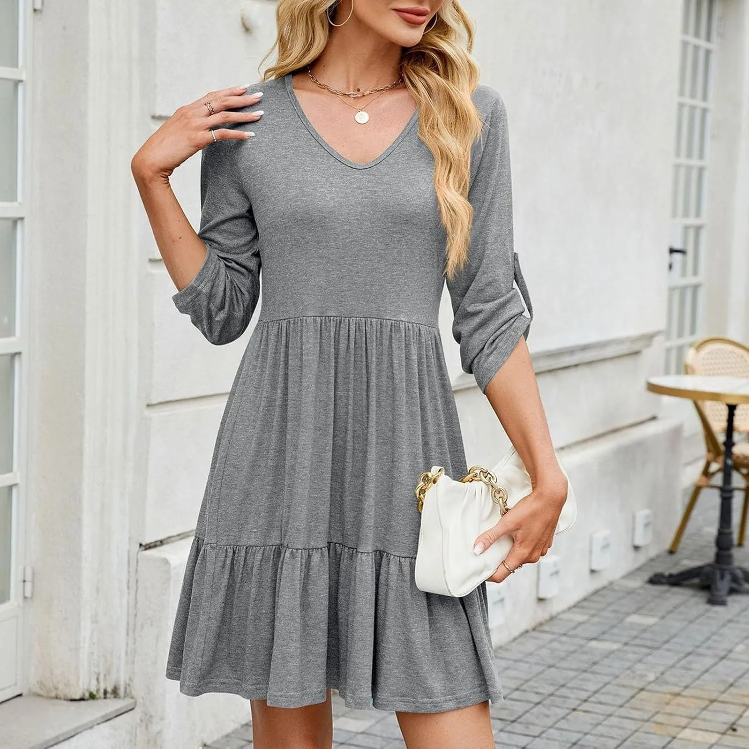 Dresses for Women 2025 Casual Spring Summer Roll Up 3/4 Sleeve V Neck Flowy Tiered Ruffle A Line Swing Mini Tunic Dress