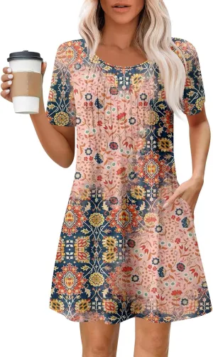 Dresses for Women 2025 Cute Boho Floral Sundress Crew Neck Short Sleeve Beach Dress Swimsuit Coverup with Pockets
