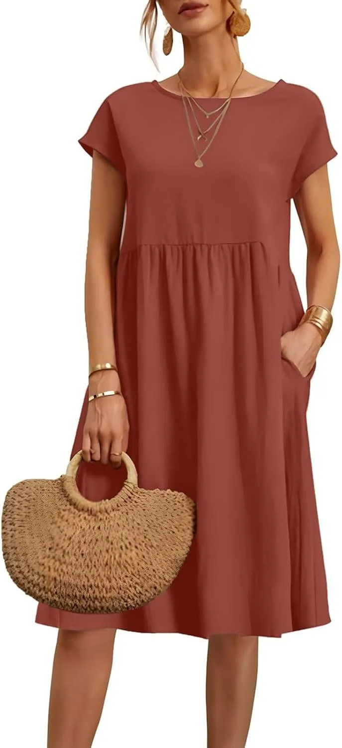 Dresses for Women 2025 Summer Cotton Linen Short Sleeve Midi Dress Plus Size Trendy Boho Beach Sundress with Pockets