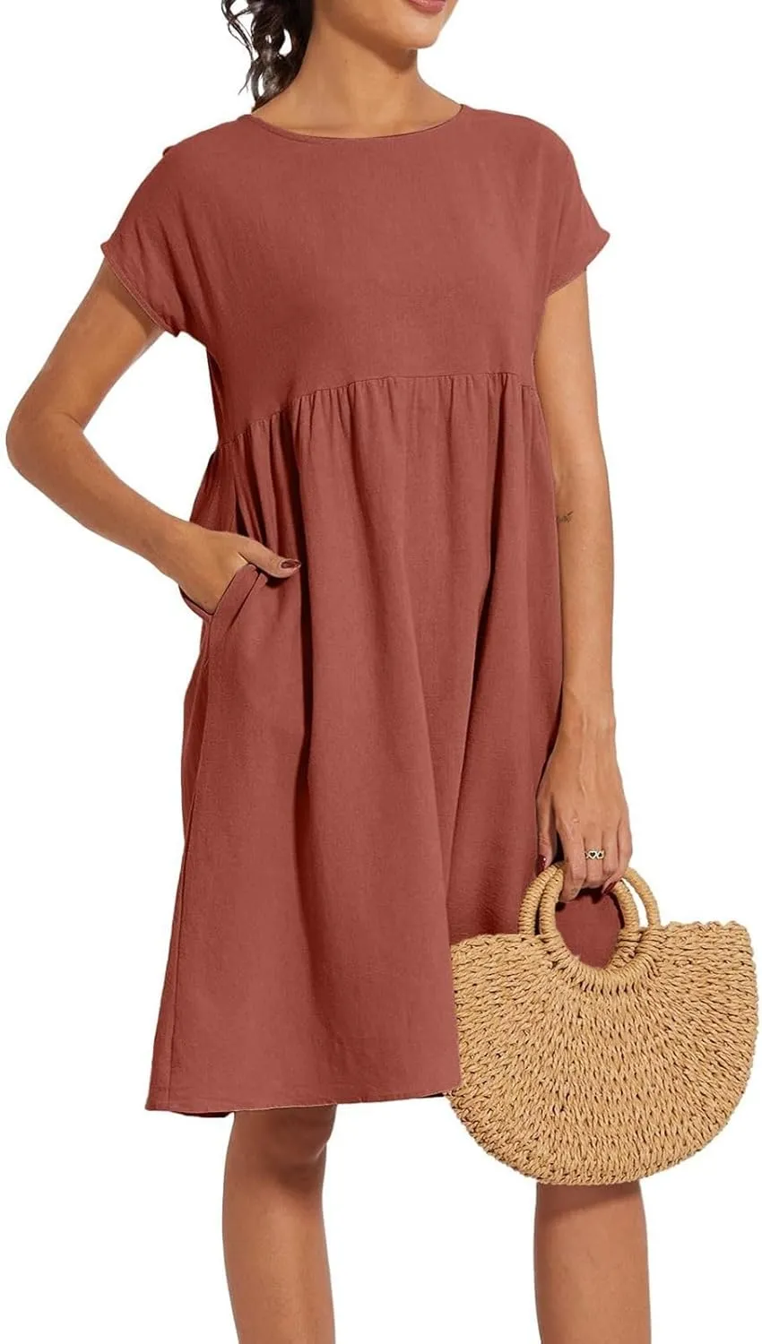 Dresses for Women 2025 Summer Cotton Linen Short Sleeve Midi Dress Plus Size Trendy Boho Beach Sundress with Pockets