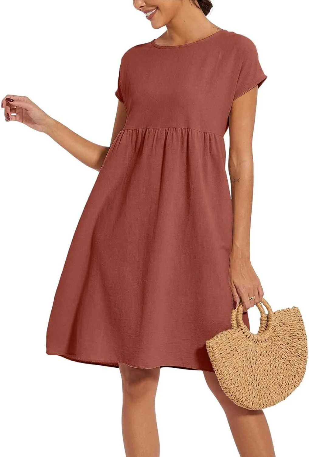 Dresses for Women 2025 Summer Cotton Linen Short Sleeve Midi Dress Plus Size Trendy Boho Beach Sundress with Pockets