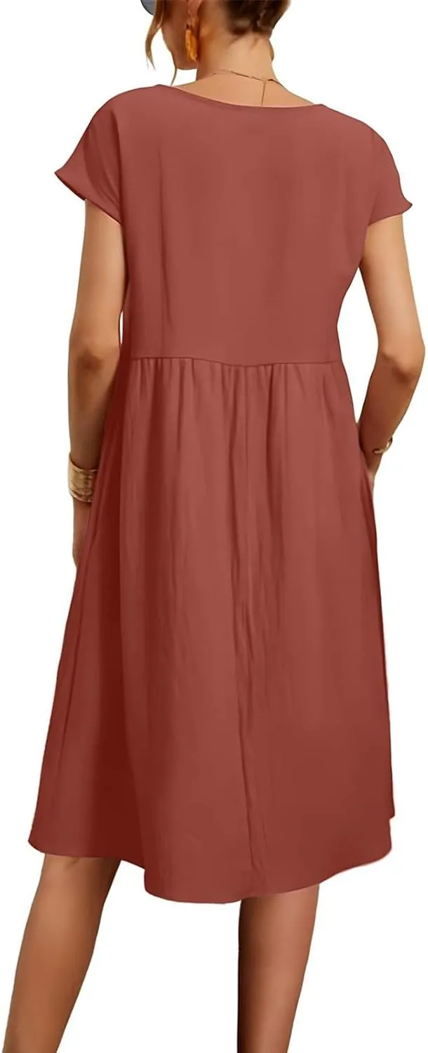 Dresses for Women 2025 Summer Cotton Linen Short Sleeve Midi Dress Plus Size Trendy Boho Beach Sundress with Pockets