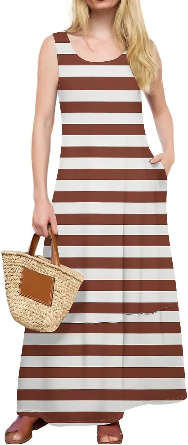 Dresses for Women 2025 Summer Crewneck Beach Maxi Dress with Pocket Casual Trendy Stripe Print Sleeveless Tank Dress