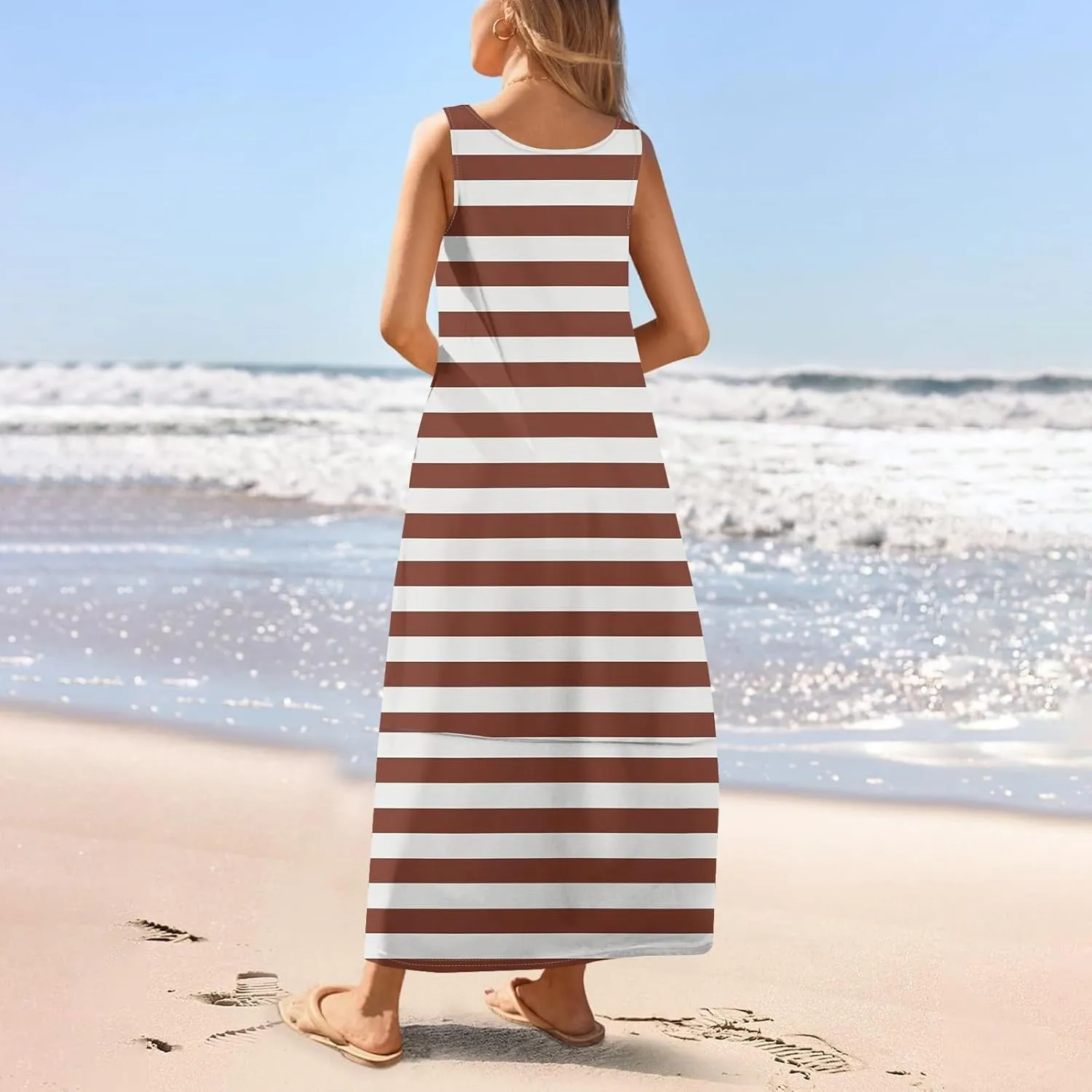 Dresses for Women 2025 Summer Crewneck Beach Maxi Dress with Pocket Casual Trendy Stripe Print Sleeveless Tank Dress