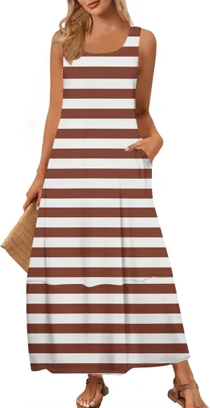 Dresses for Women 2025 Summer Crewneck Beach Maxi Dress with Pocket Casual Trendy Stripe Print Sleeveless Tank Dress