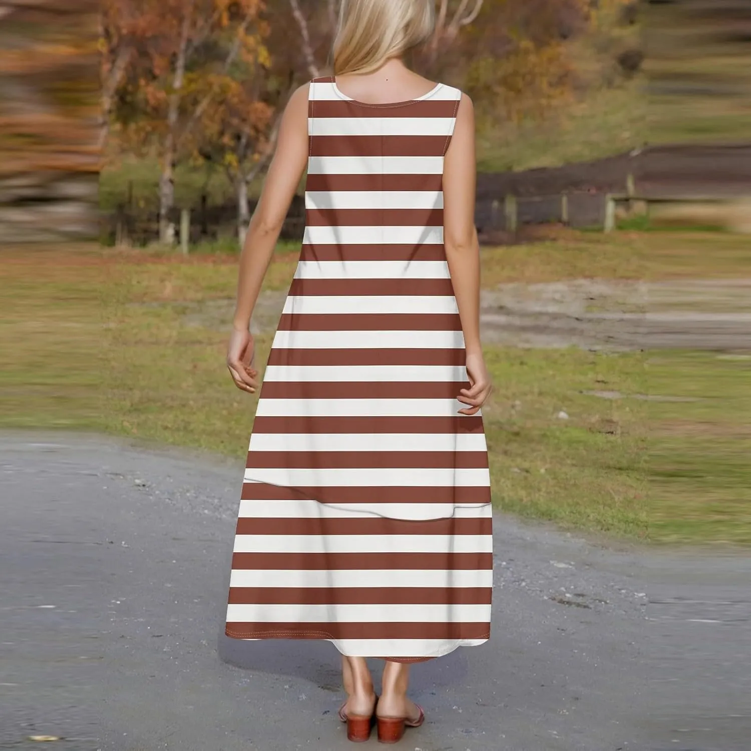 Dresses for Women 2025 Summer Crewneck Beach Maxi Dress with Pocket Casual Trendy Stripe Print Sleeveless Tank Dress