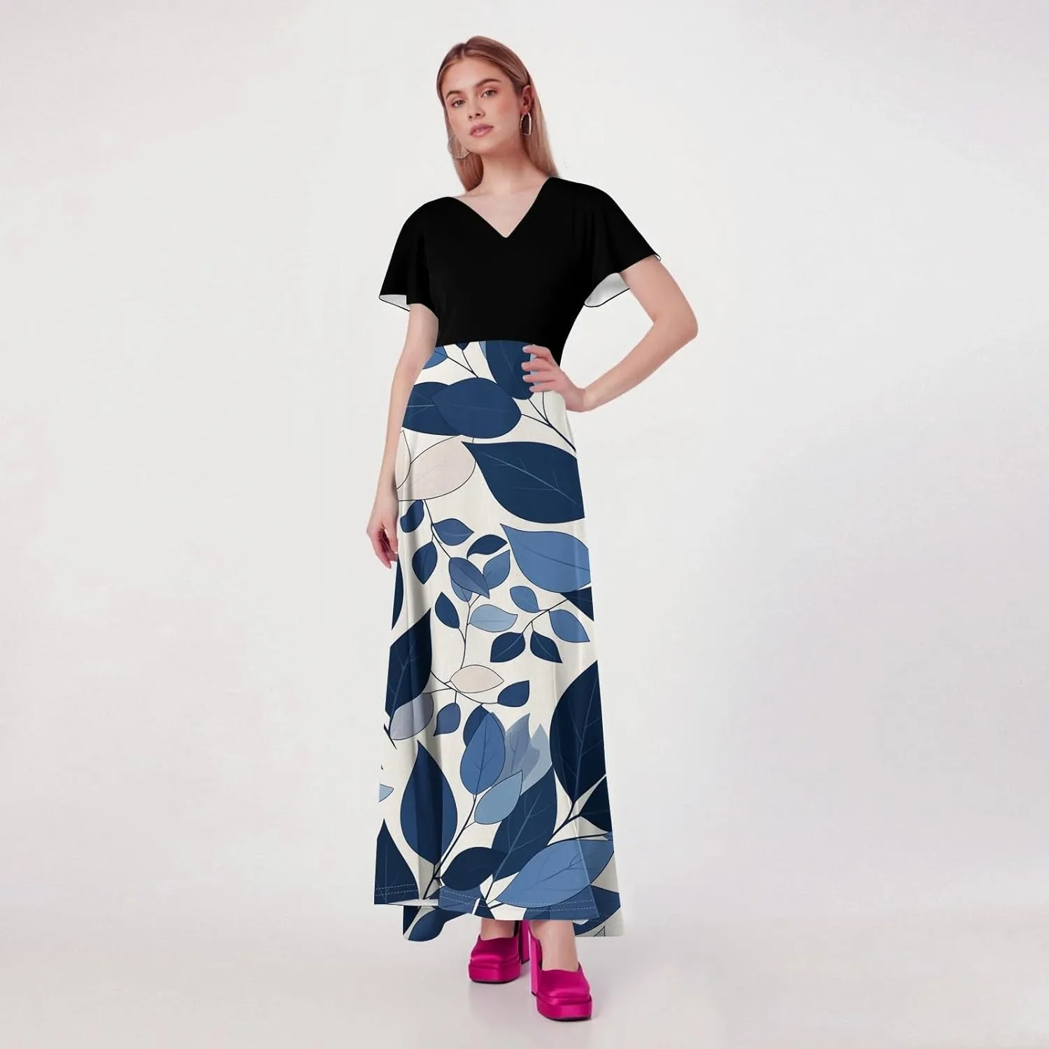 Dresses for Women 2025 Wedding Guest,Women's Loose Casual V-Neck Short Sleeved High Waisted Print Chiffon Dress