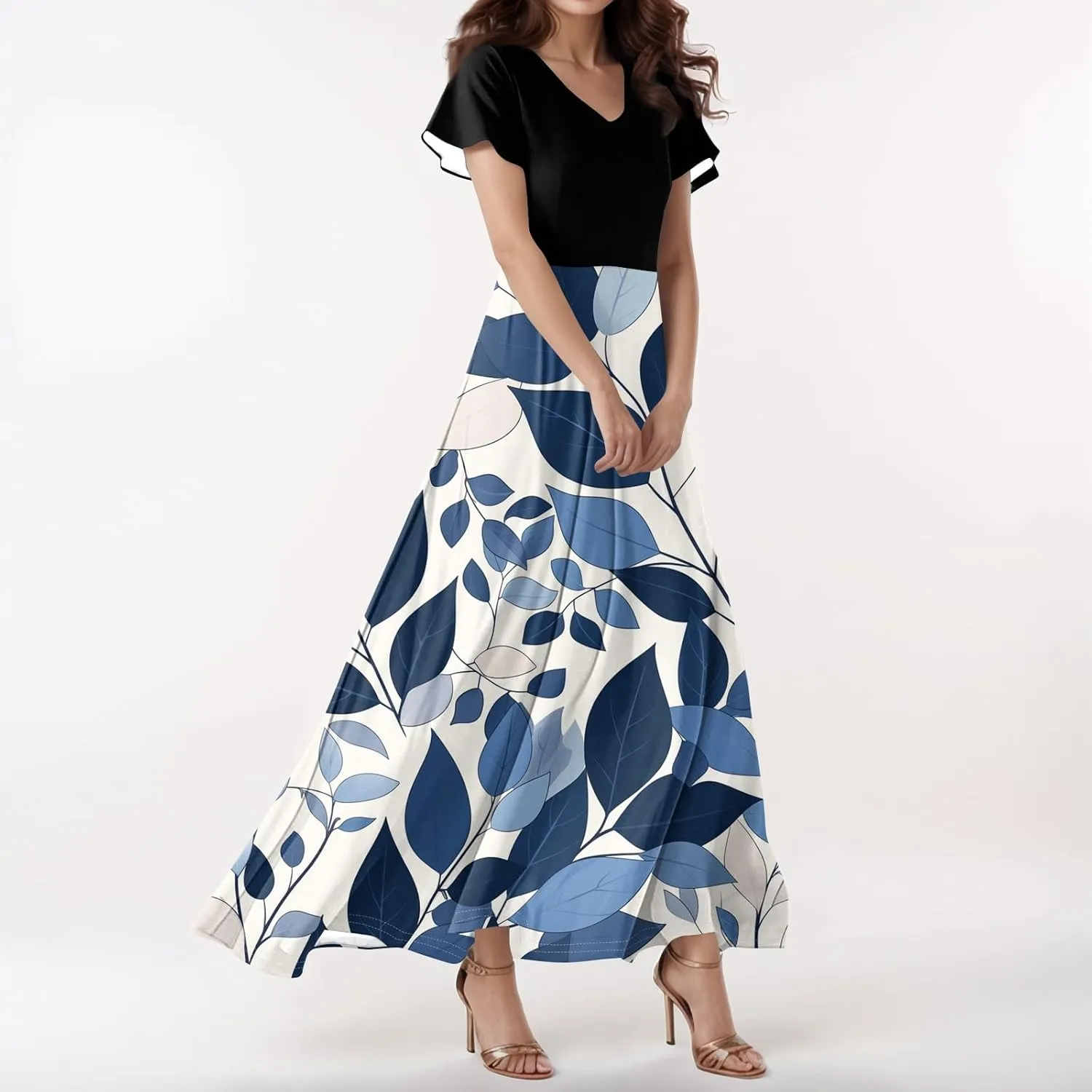 Dresses for Women 2025 Wedding Guest,Women's Loose Casual V-Neck Short Sleeved High Waisted Print Chiffon Dress