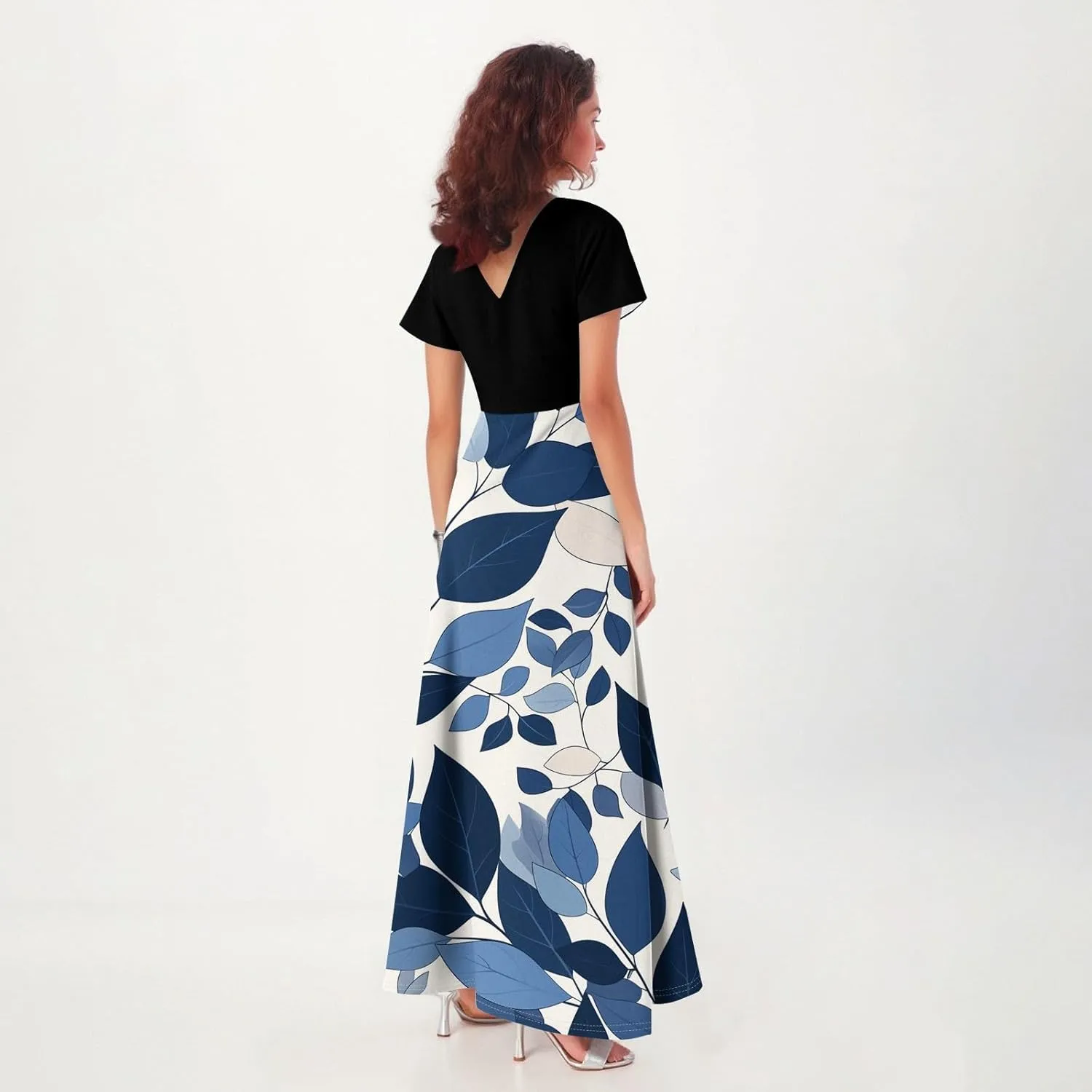 Dresses for Women 2025 Wedding Guest,Women's Loose Casual V-Neck Short Sleeved High Waisted Print Chiffon Dress