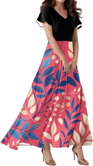 Dresses for Women 2025 Wedding Guest,Women's Loose Casual V-Neck Short Sleeved High Waisted Print Chiffon Dress