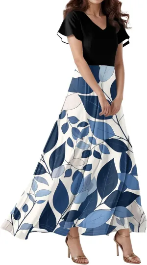 Dresses for Women 2025 Wedding Guest,Women's Loose Casual V-Neck Short Sleeved High Waisted Print Chiffon Dress