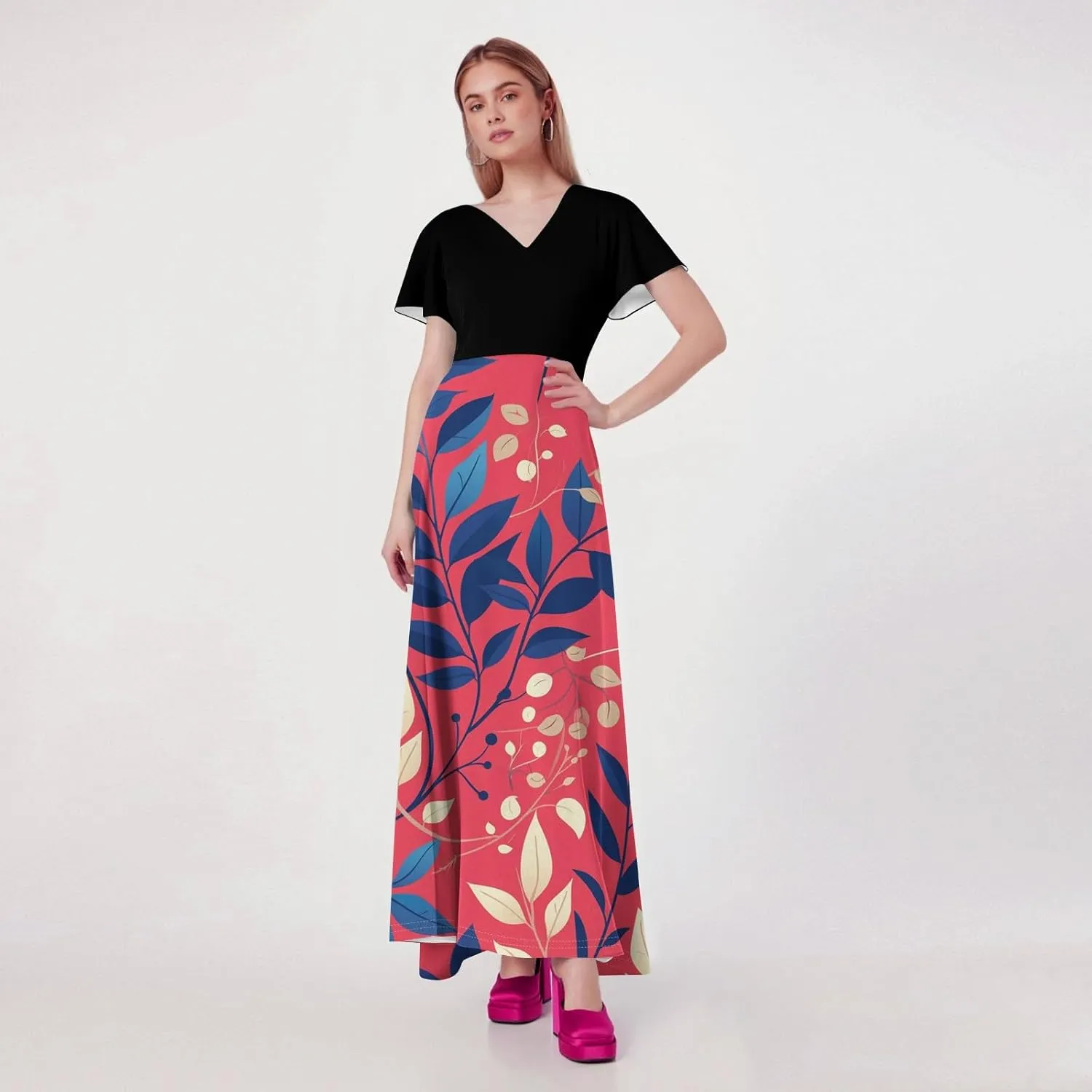 Dresses for Women 2025 Wedding Guest,Women's Loose Casual V-Neck Short Sleeved High Waisted Print Chiffon Dress