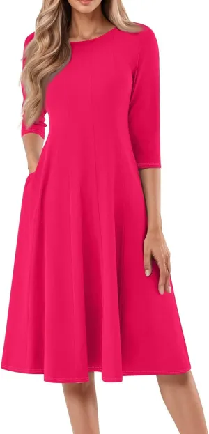 Dresses for Women Casual Summer Crewneck 3/4 Sleeve Midi Dress A Line Dresses with Pockets