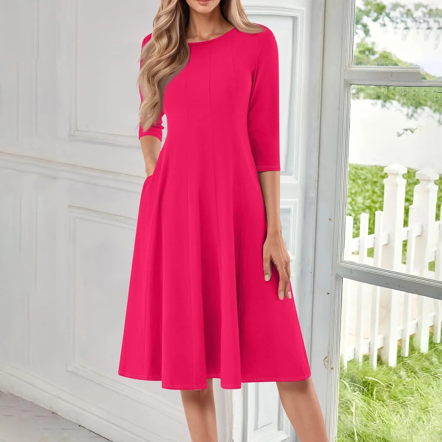 Dresses for Women Casual Summer Crewneck 3/4 Sleeve Midi Dress A Line Dresses with Pockets