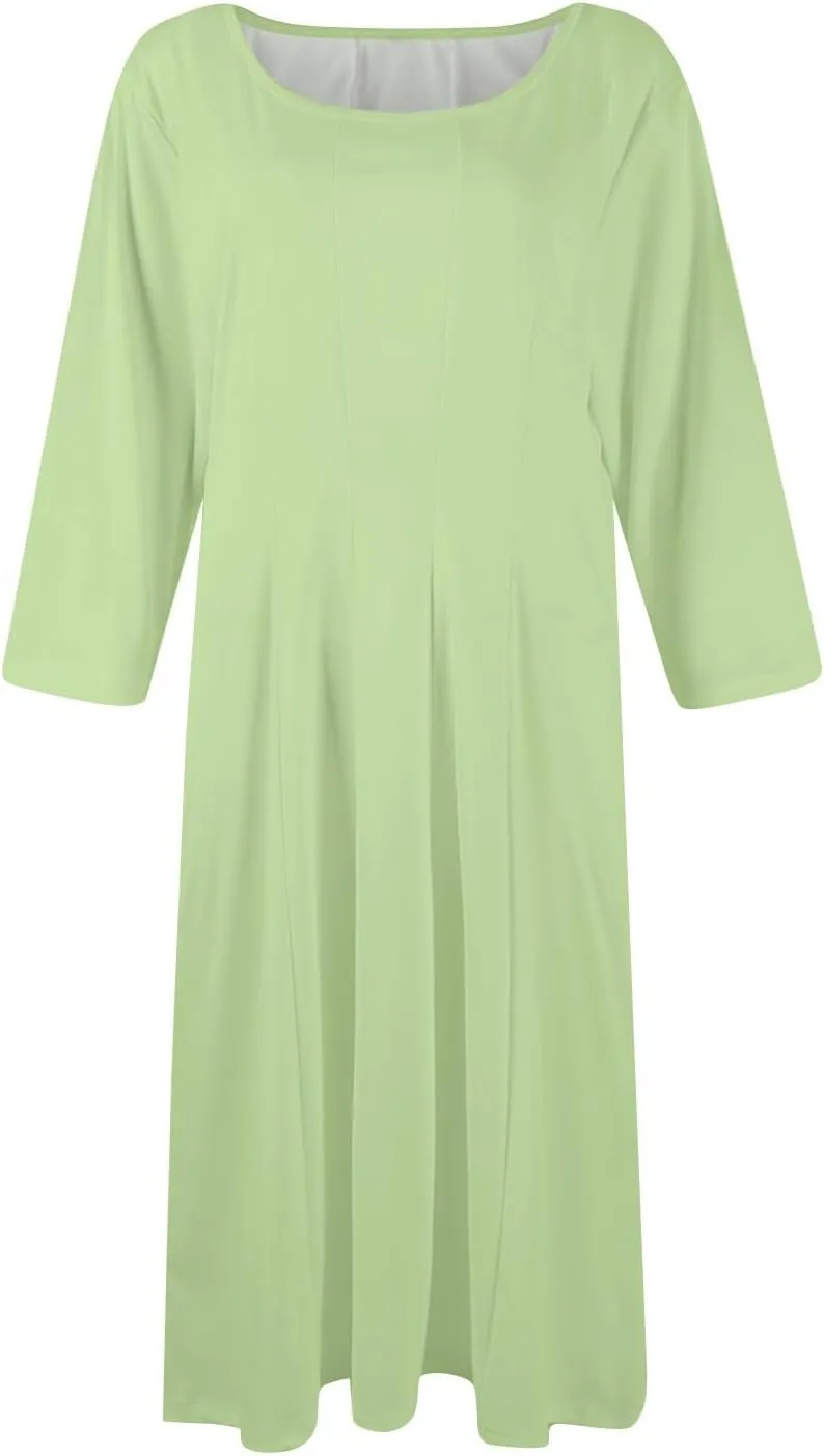 Dresses for Women Spring Crew Neck 3/4 Sleeve Midi Dress A Line Solid Color Dress with Pockets