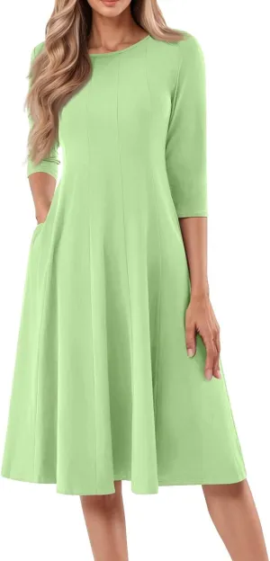 Dresses for Women Spring Crew Neck 3/4 Sleeve Midi Dress A Line Solid Color Dress with Pockets