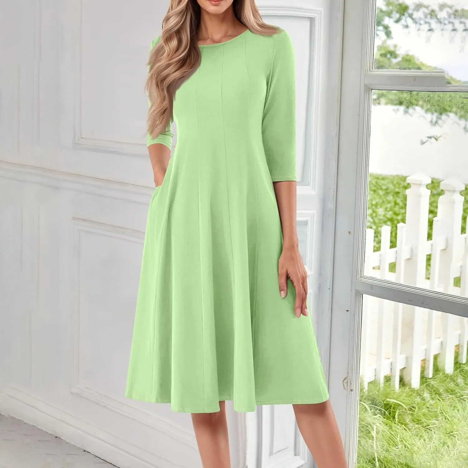 Dresses for Women Spring Crew Neck 3/4 Sleeve Midi Dress A Line Solid Color Dress with Pockets