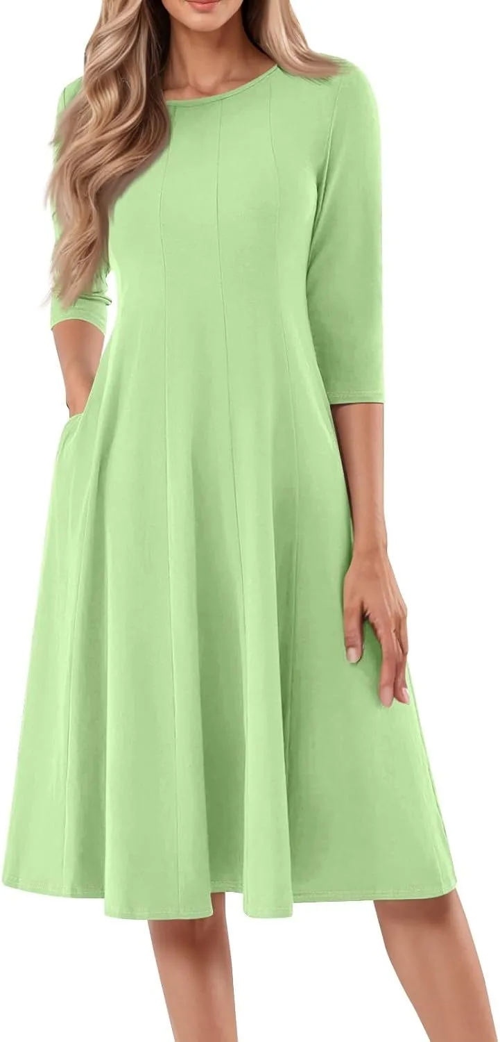 Dresses for Women Spring Crew Neck 3/4 Sleeve Midi Dress A Line Solid Color Dress with Pockets