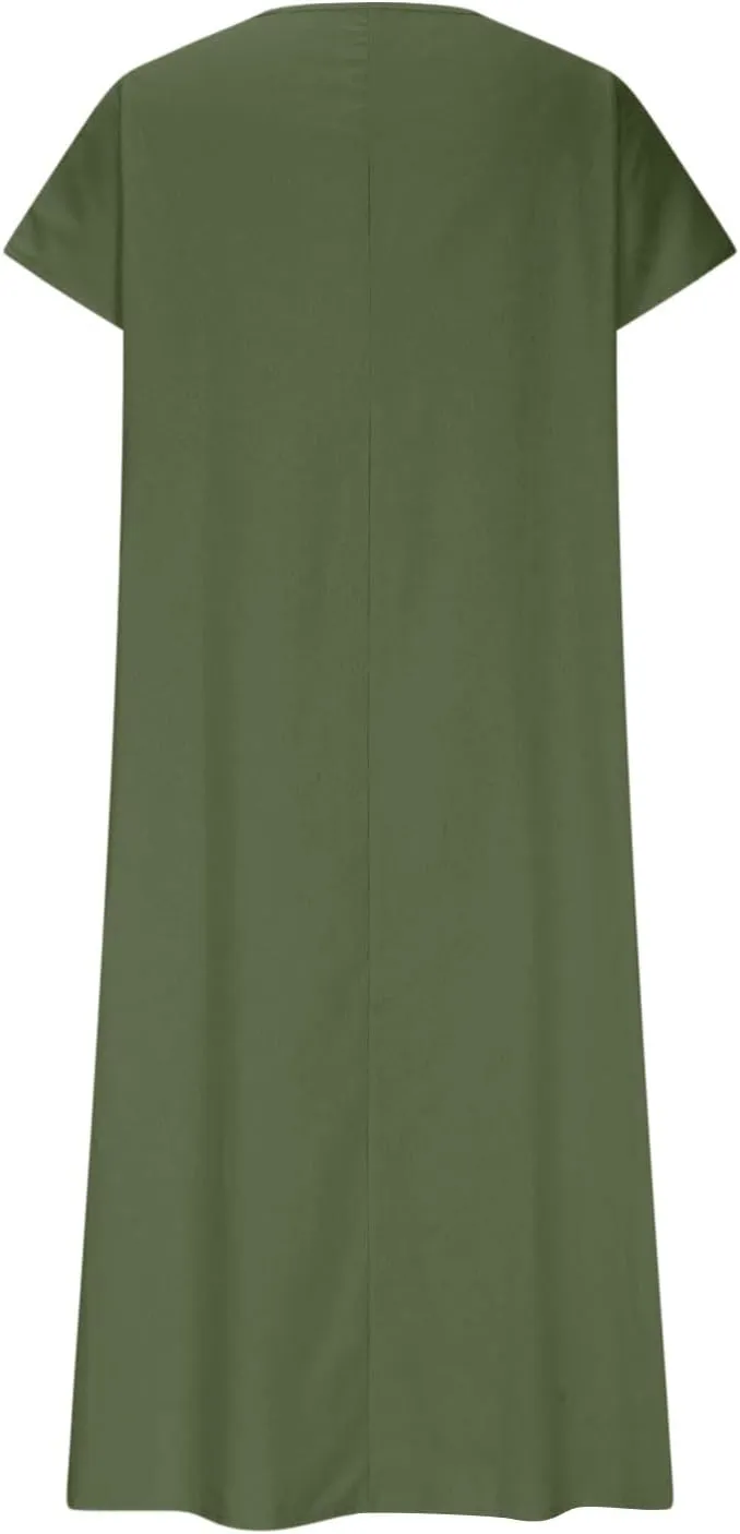 Dresses Women Basic V Neck Short Sleeve Lounge Cotton Linen Maxi Dress Casual Summer Solid Flowy Boho Beach Sundress