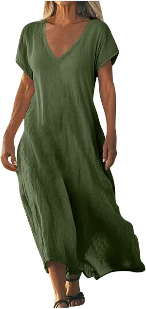 Dresses Women Basic V Neck Short Sleeve Lounge Cotton Linen Maxi Dress Casual Summer Solid Flowy Boho Beach Sundress