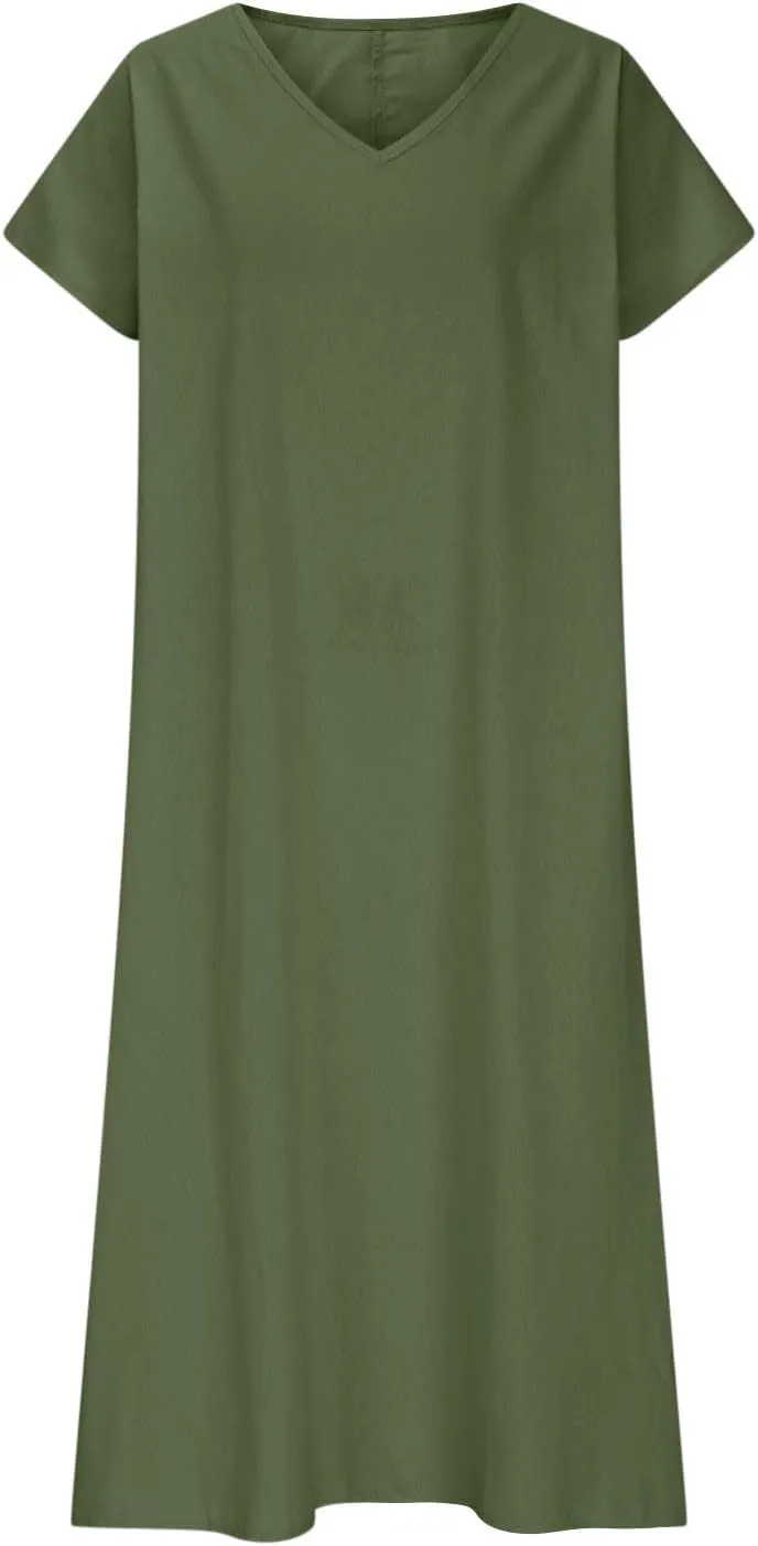 Dresses Women Basic V Neck Short Sleeve Lounge Cotton Linen Maxi Dress Casual Summer Solid Flowy Boho Beach Sundress