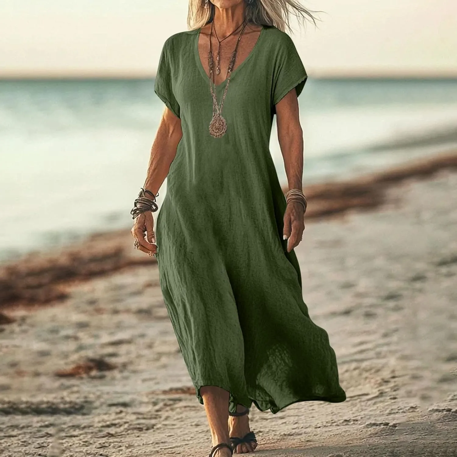 Dresses Women Basic V Neck Short Sleeve Lounge Cotton Linen Maxi Dress Casual Summer Solid Flowy Boho Beach Sundress