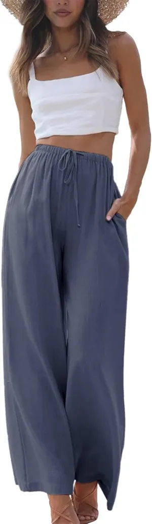Duyang Womens Cotton Linen Palazzo Pants Drawstring Elastic Waist Casual Wide Leg Trousers with Pockets