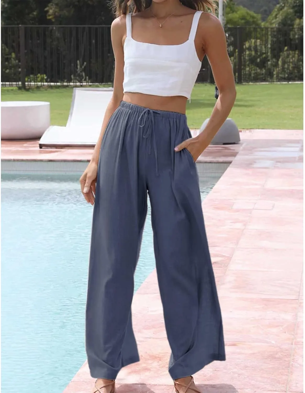 Duyang Womens Cotton Linen Palazzo Pants Drawstring Elastic Waist Casual Wide Leg Trousers with Pockets