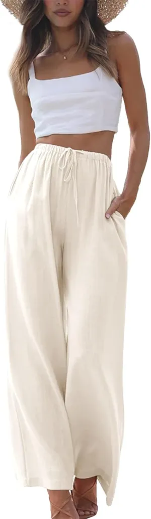 Duyang Womens Cotton Linen Palazzo Pants Drawstring Elastic Waist Casual Wide Leg Trousers with Pockets