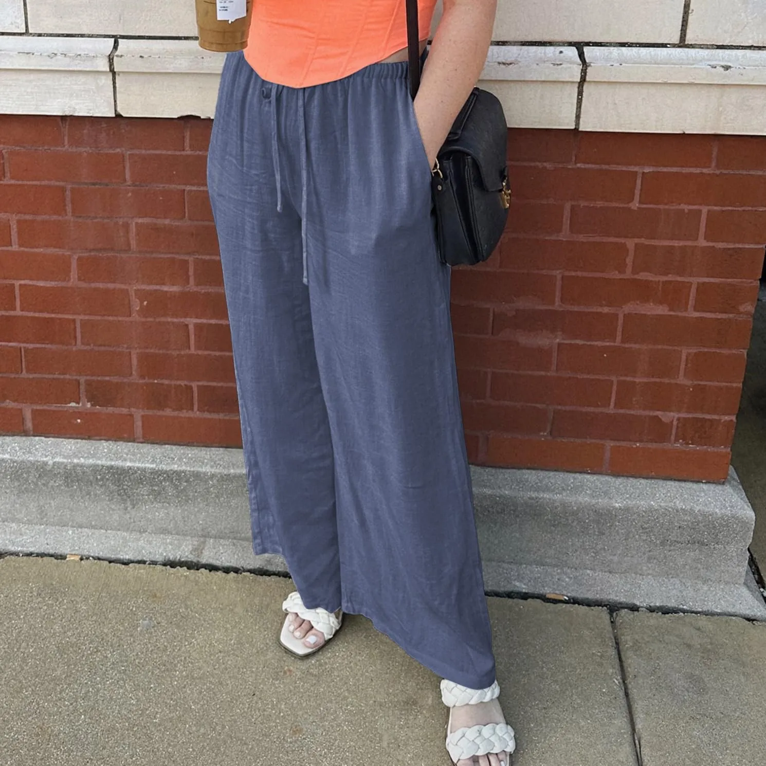 Duyang Womens Cotton Linen Palazzo Pants Drawstring Elastic Waist Casual Wide Leg Trousers with Pockets