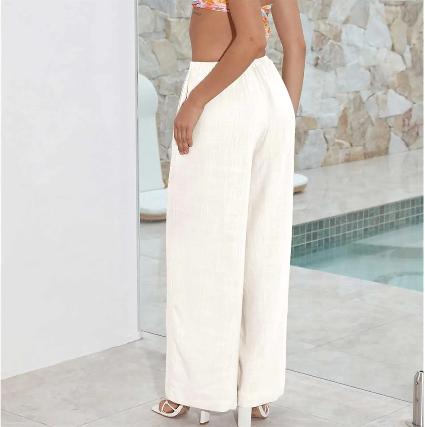 Duyang Womens Cotton Linen Palazzo Pants Drawstring Elastic Waist Casual Wide Leg Trousers with Pockets