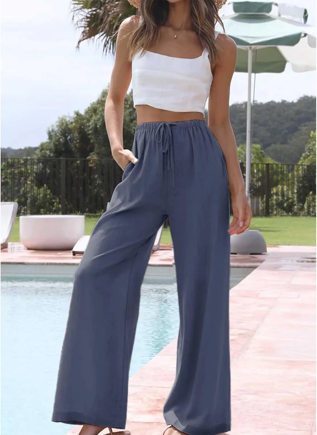 Duyang Womens Cotton Linen Palazzo Pants Drawstring Elastic Waist Casual Wide Leg Trousers with Pockets