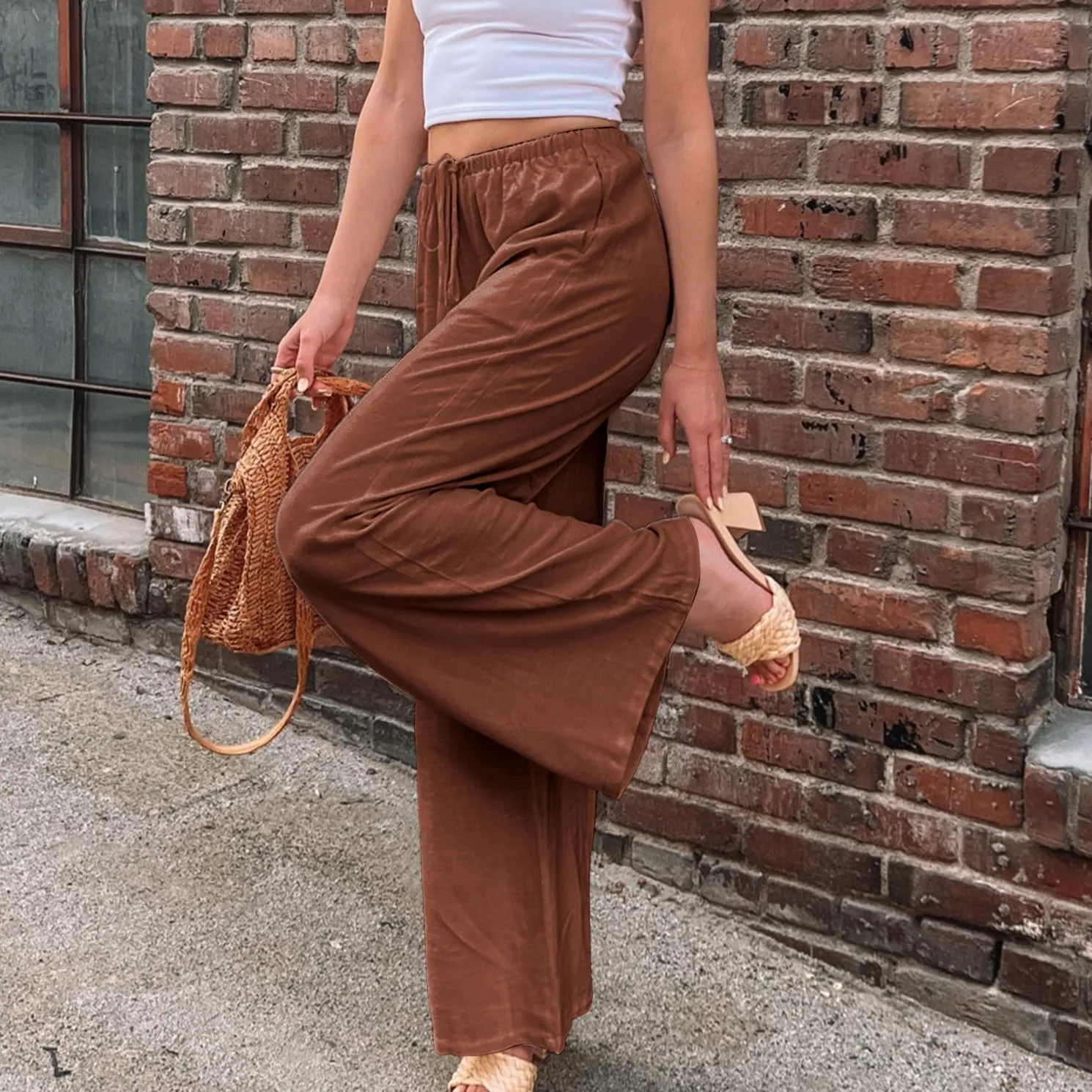Duyang Womens Cotton Linen Palazzo Pants Drawstring Elastic Waist Casual Wide Leg Trousers with Pockets