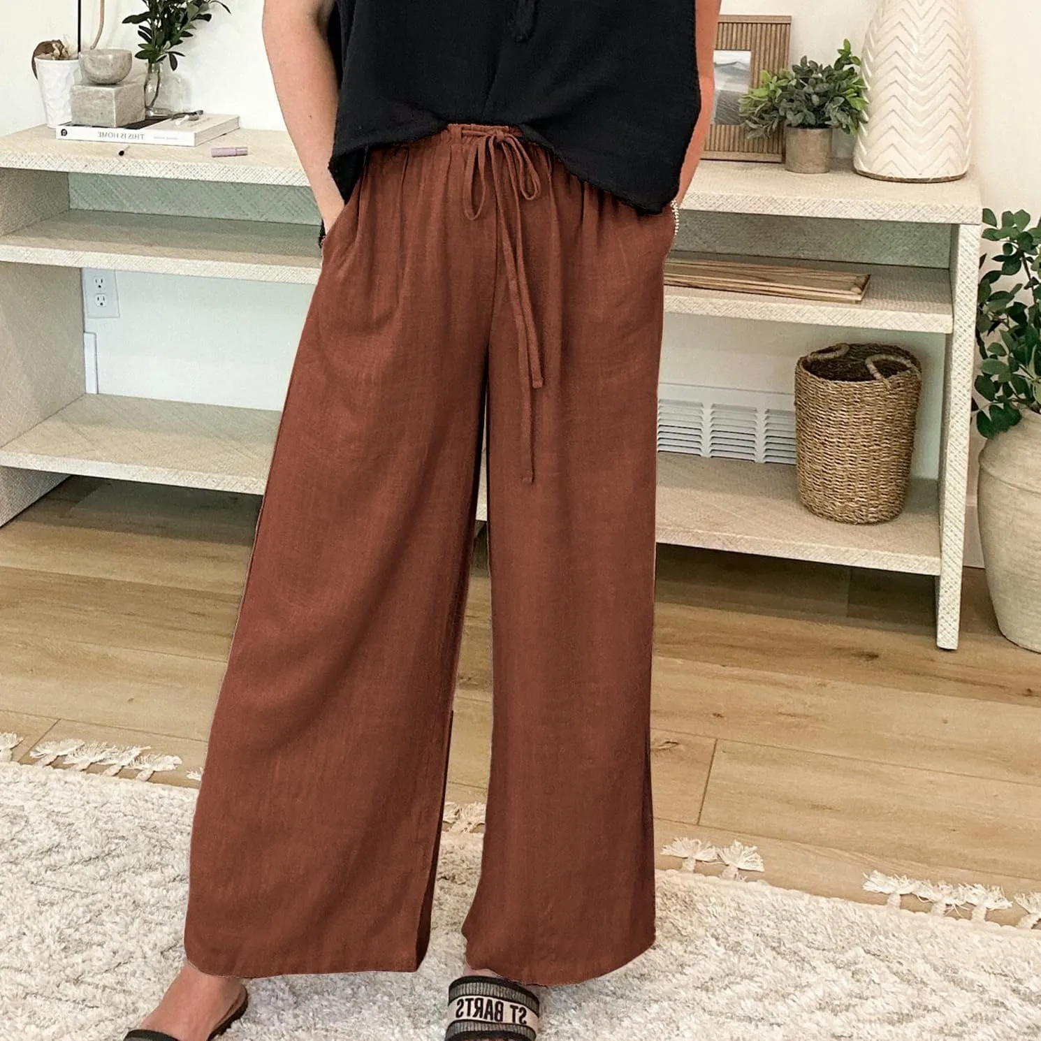 Duyang Womens Cotton Linen Palazzo Pants Drawstring Elastic Waist Casual Wide Leg Trousers with Pockets